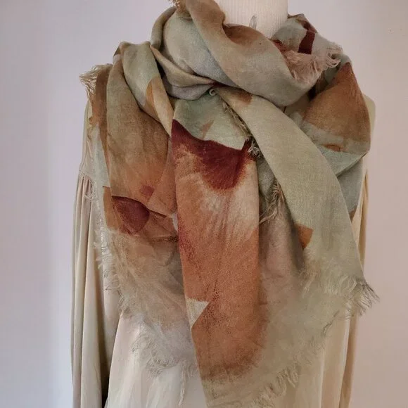 Painted dyed silk cashmere scarf wrap beige brown tan green blue gray grey khaki